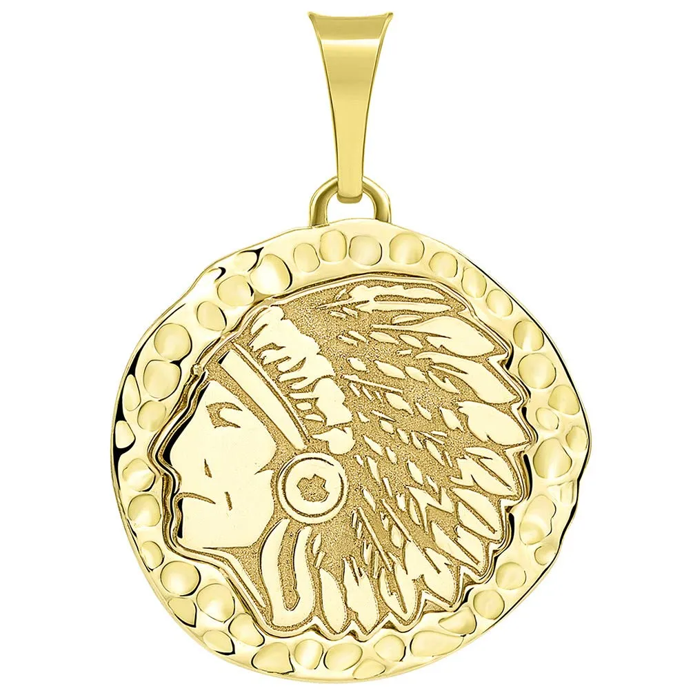 14k Gold Hand Engraved Native American Chief Indian Head Round Pendant with Figaro Chain Necklace - Yellow Gold