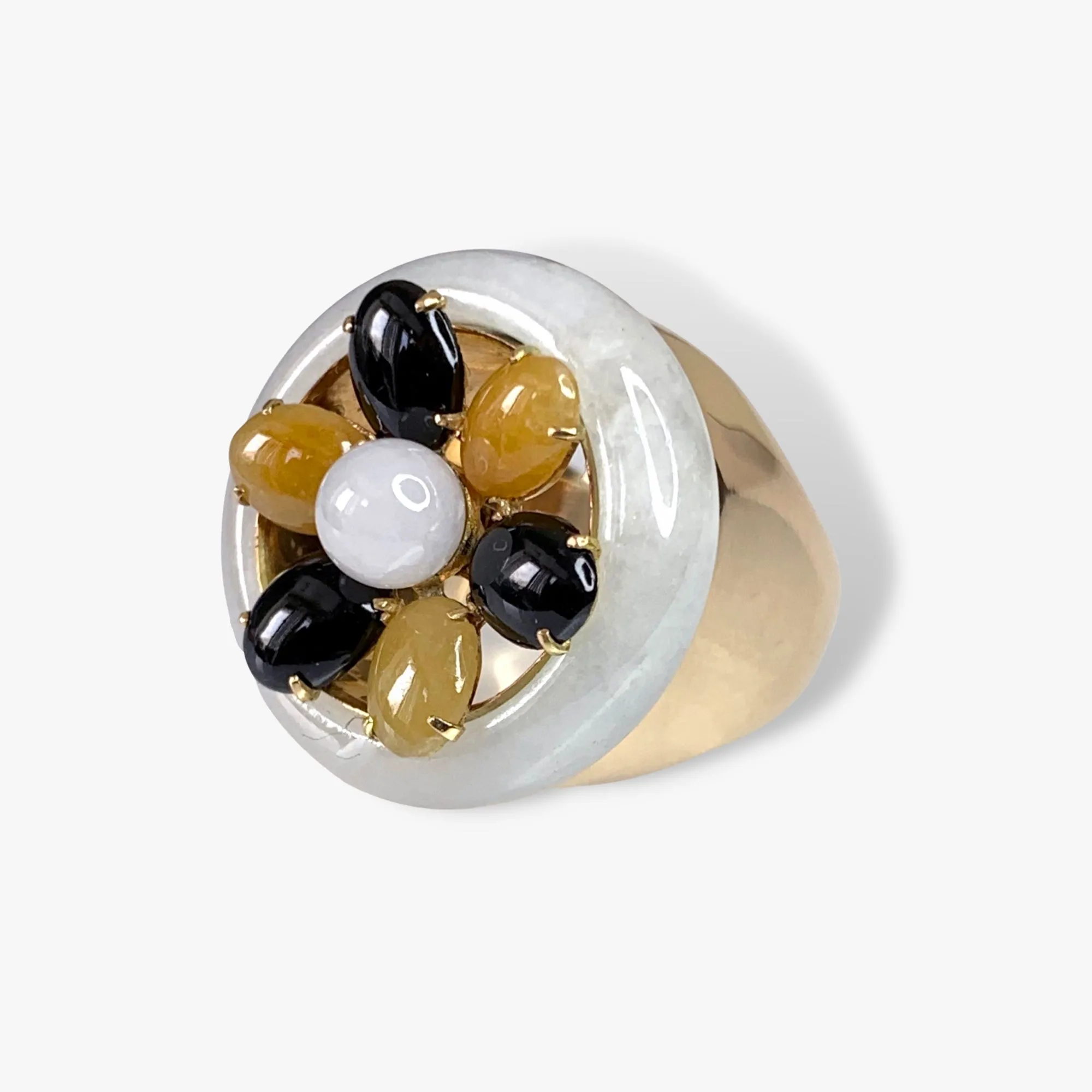 14k Yellow Gold Jade and Jadeite Vintage Cocktail Ring