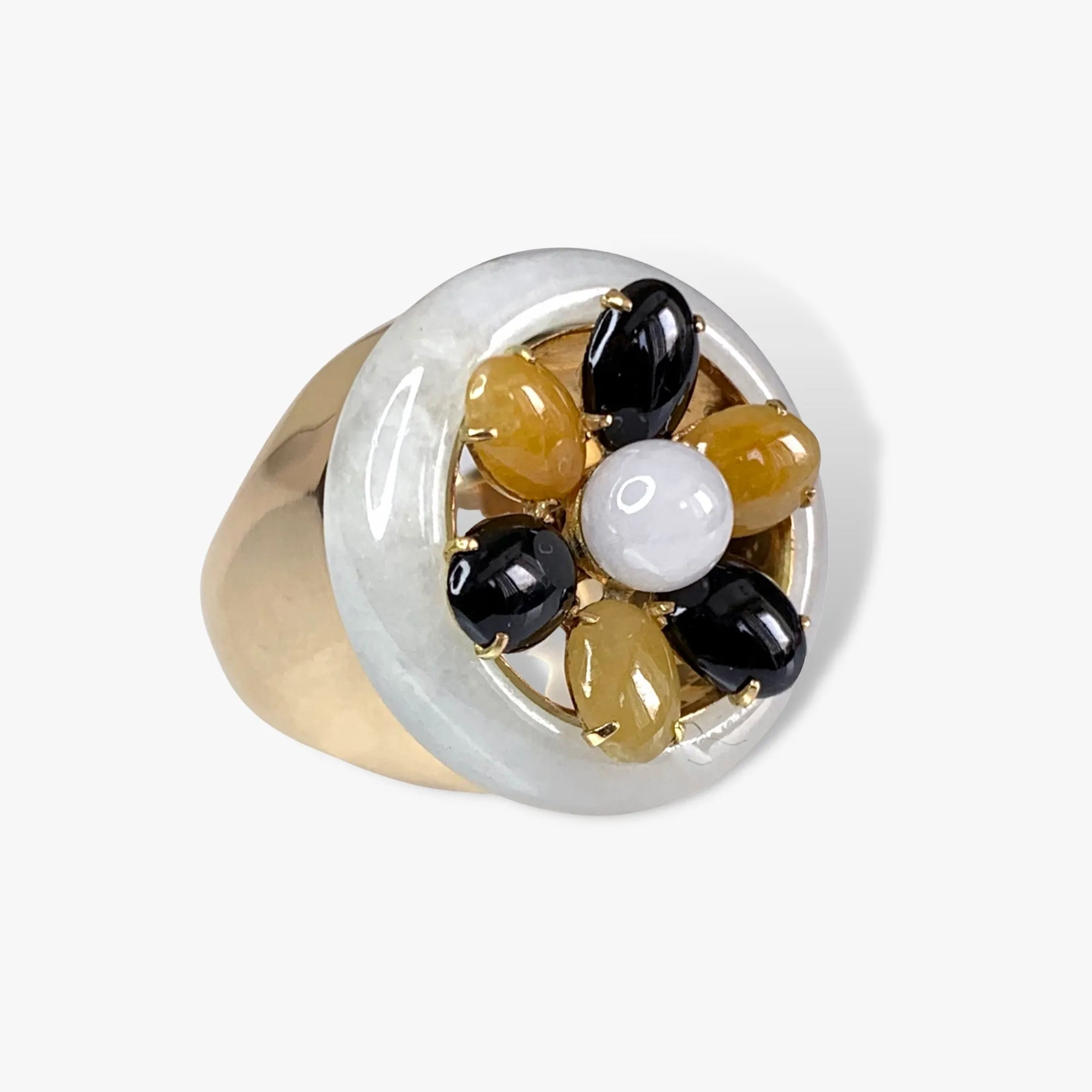 14k Yellow Gold Jade and Jadeite Vintage Cocktail Ring