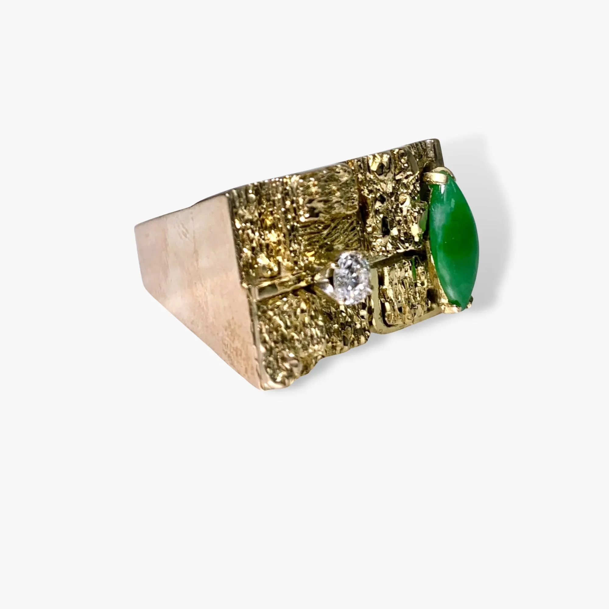 14k Yellow Gold Marquise Cut Green Jadeite and Diamond Vintage Ring