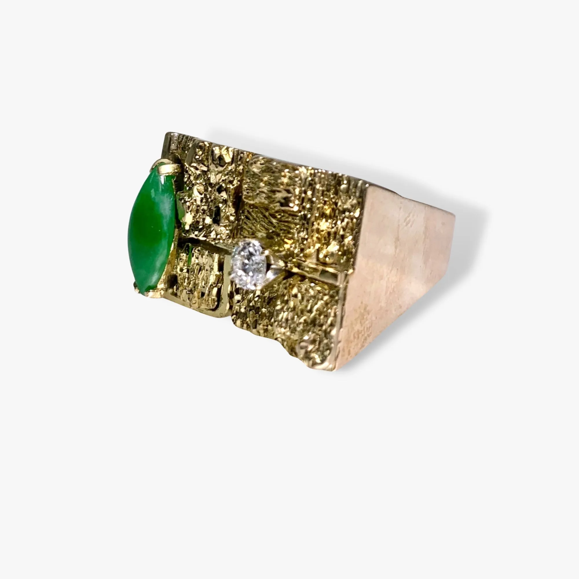 14k Yellow Gold Marquise Cut Green Jadeite and Diamond Vintage Ring