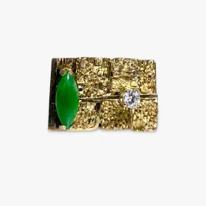 14k Yellow Gold Marquise Cut Green Jadeite and Diamond Vintage Ring