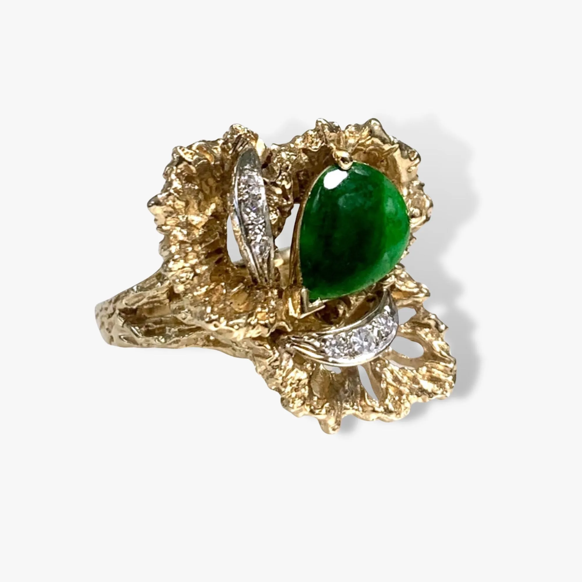 14k Yellow Gold Pear-Shaped Green Jadeite and Diamond Vintage Ring