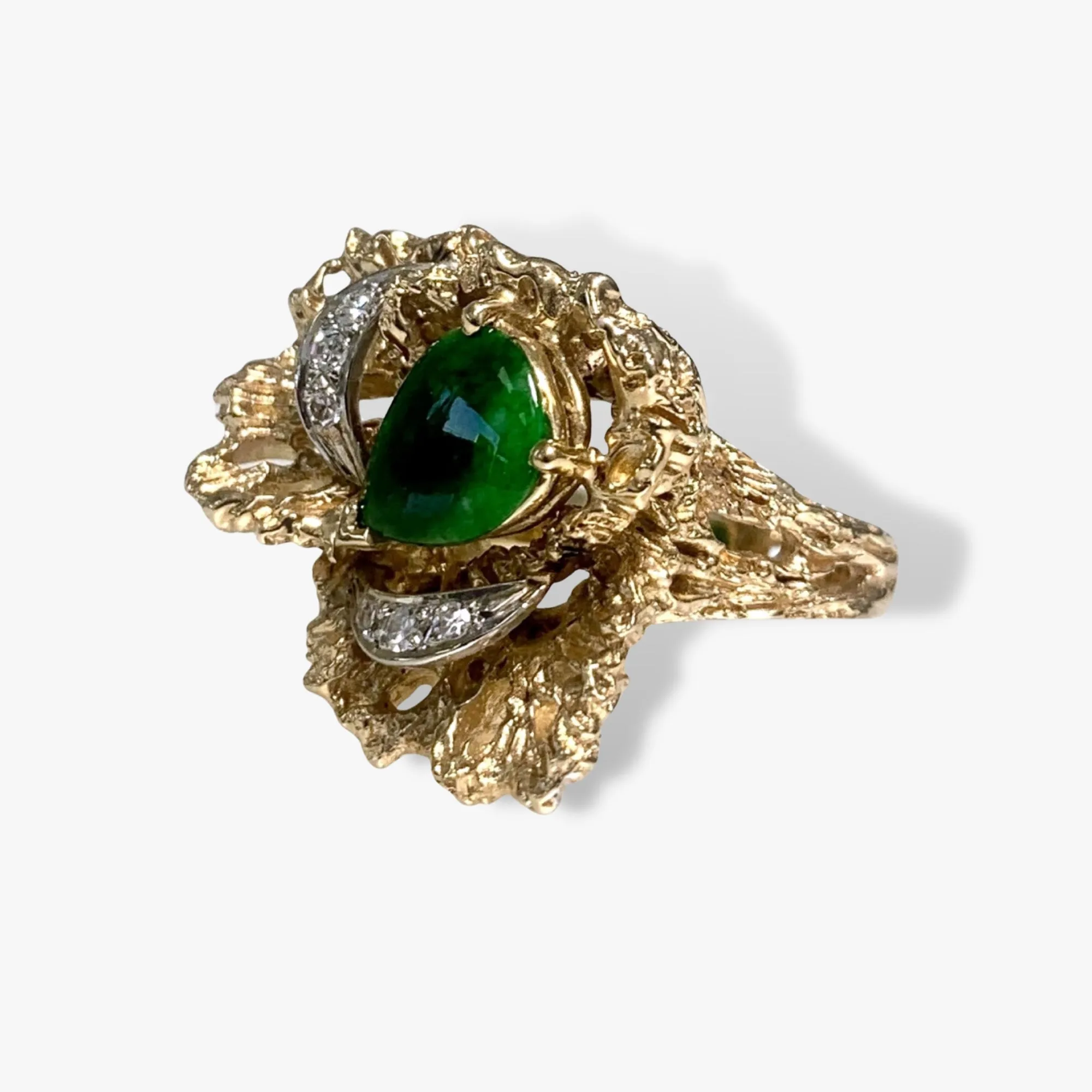 14k Yellow Gold Pear-Shaped Green Jadeite and Diamond Vintage Ring