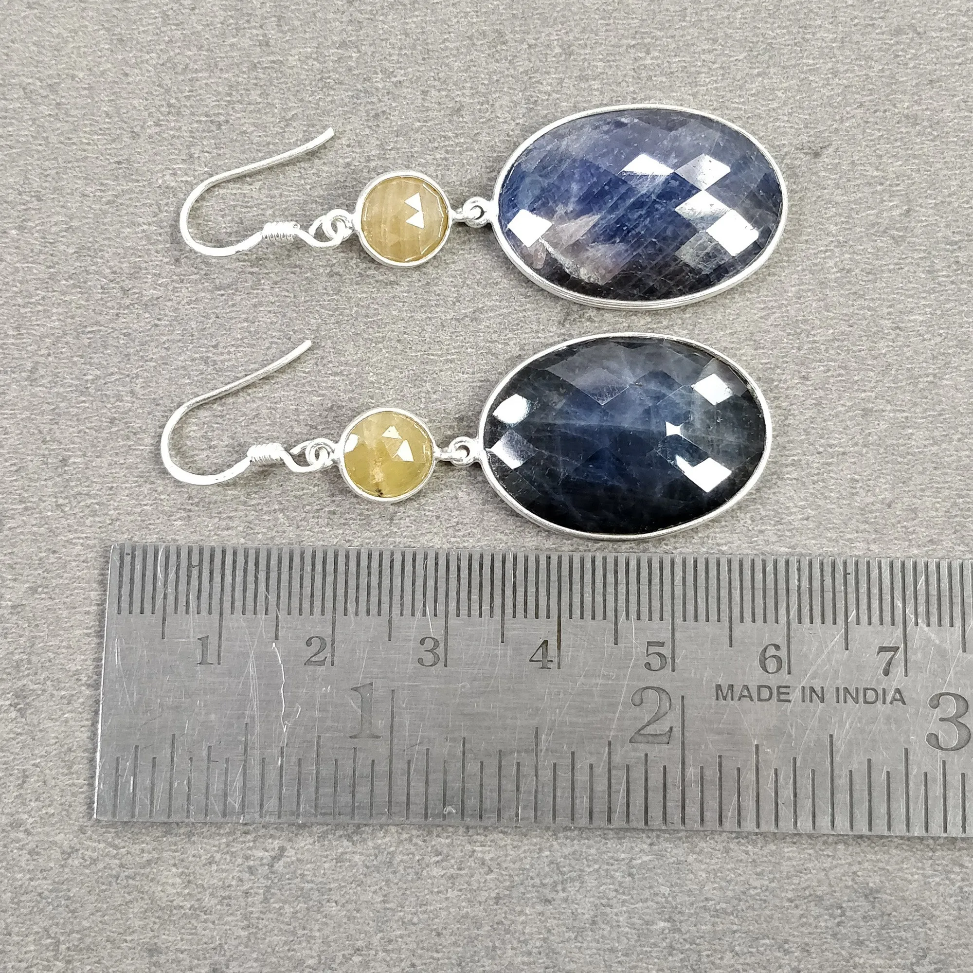 925 Sterling Silver BLUE YELLOW SAPPHIRE Bezel Set Earrings : 12.08gms Natural Untreated Drop Dangle Hook Earrings 2.15"
