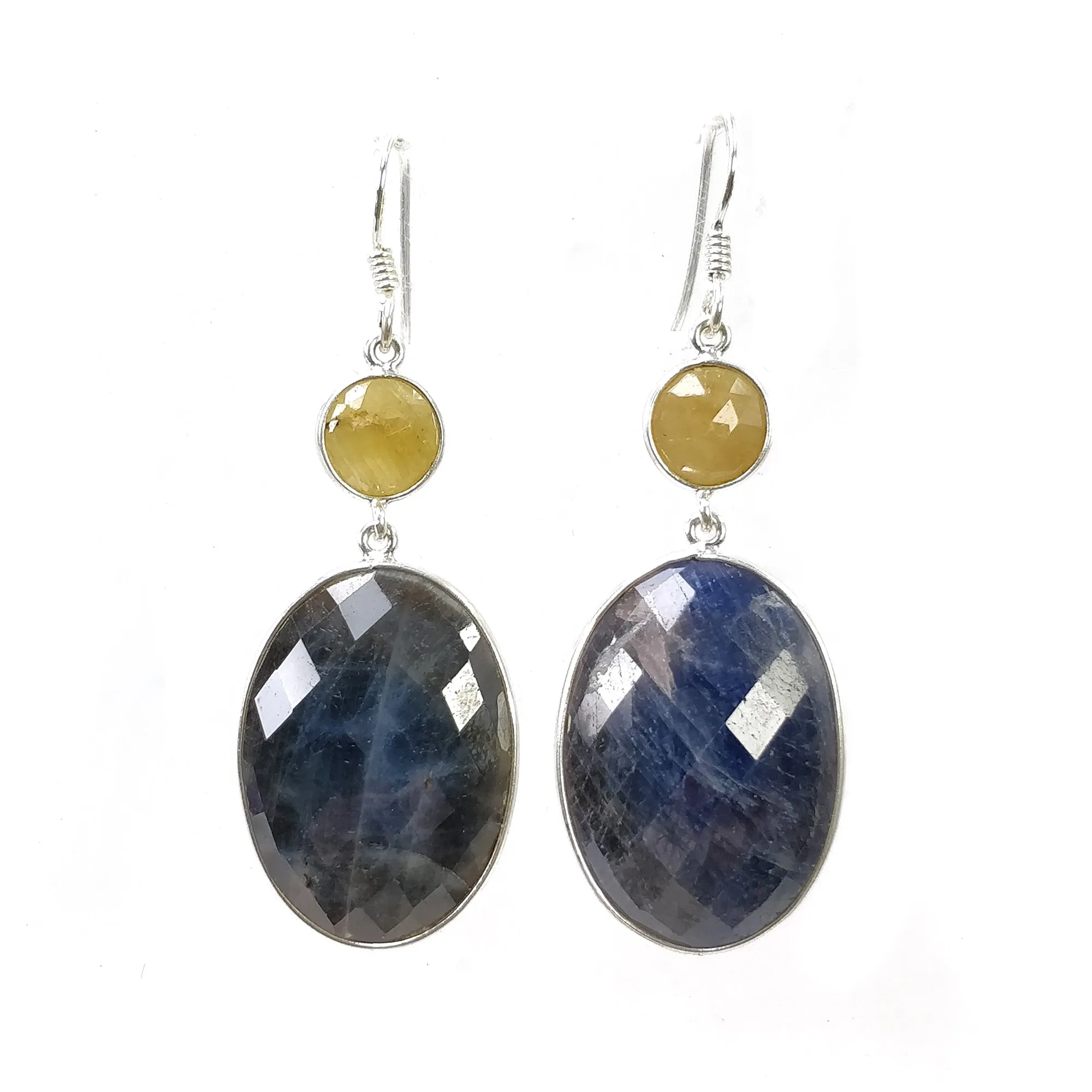 925 Sterling Silver BLUE YELLOW SAPPHIRE Bezel Set Earrings : 12.08gms Natural Untreated Drop Dangle Hook Earrings 2.15"