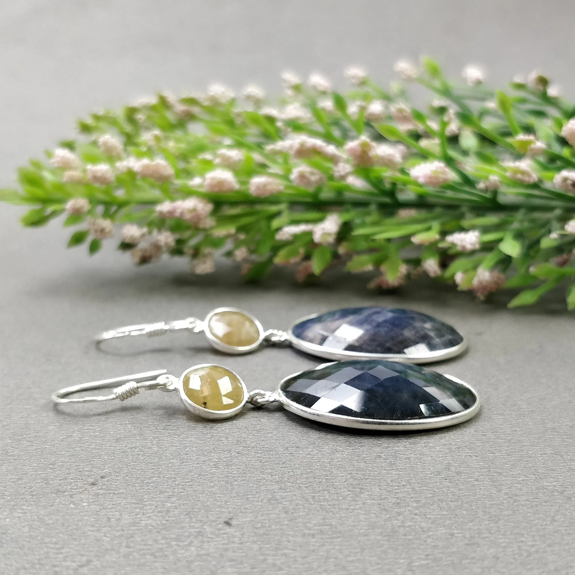 925 Sterling Silver BLUE YELLOW SAPPHIRE Bezel Set Earrings : 12.08gms Natural Untreated Drop Dangle Hook Earrings 2.15"