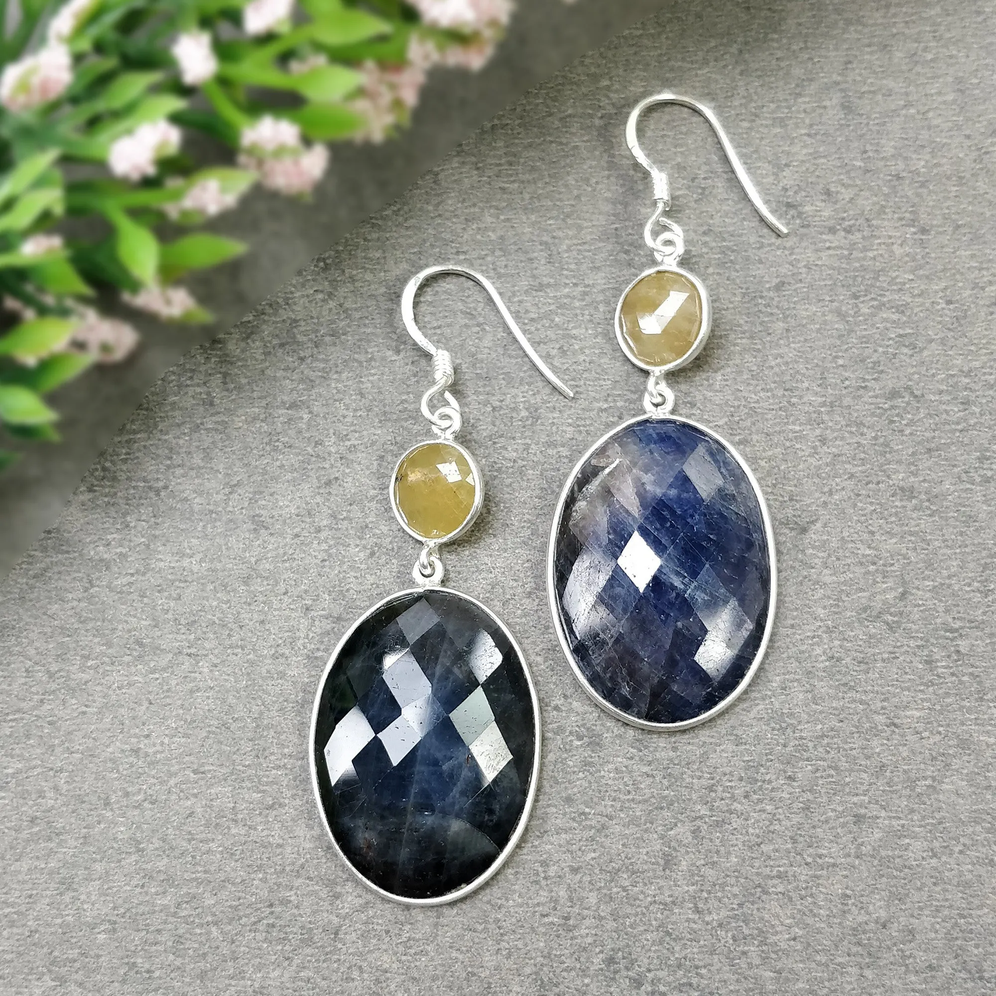 925 Sterling Silver BLUE YELLOW SAPPHIRE Bezel Set Earrings : 12.08gms Natural Untreated Drop Dangle Hook Earrings 2.15"