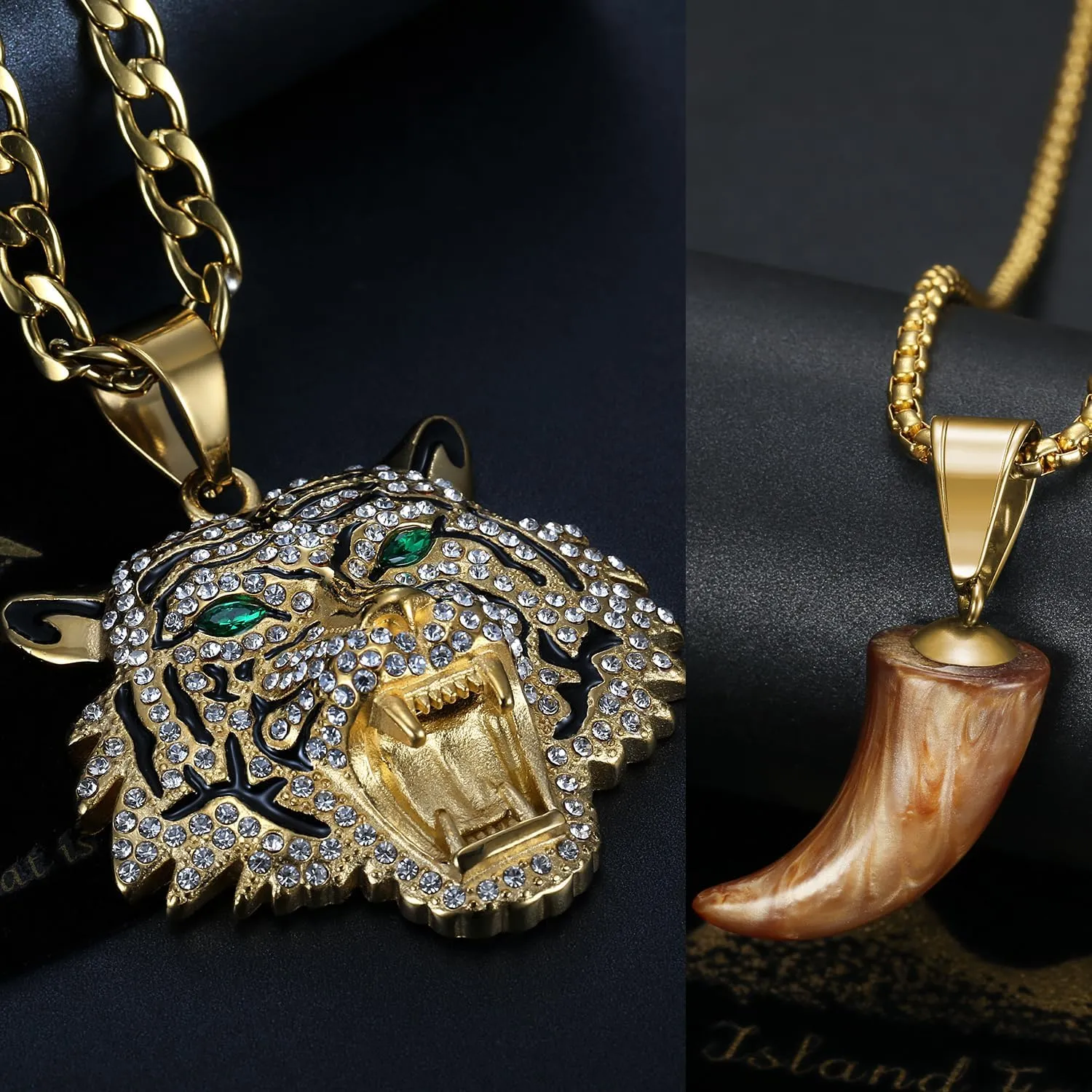 CZ Fully Roaring Tiger Head With Green Red Eyes Pendant Punk Rock Stainless Steel Necklace, 24 Inch 7mm Chain For Men Hip Hop Animal Jewelry-I'm the King