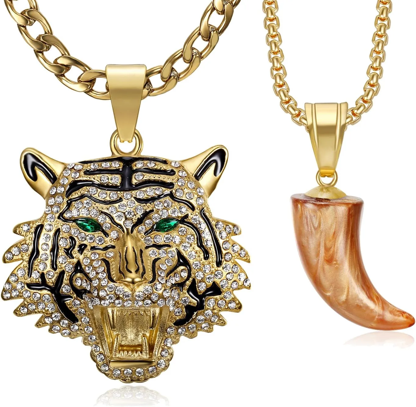 CZ Fully Roaring Tiger Head With Green Red Eyes Pendant Punk Rock Stainless Steel Necklace, 24 Inch 7mm Chain For Men Hip Hop Animal Jewelry-I'm the King