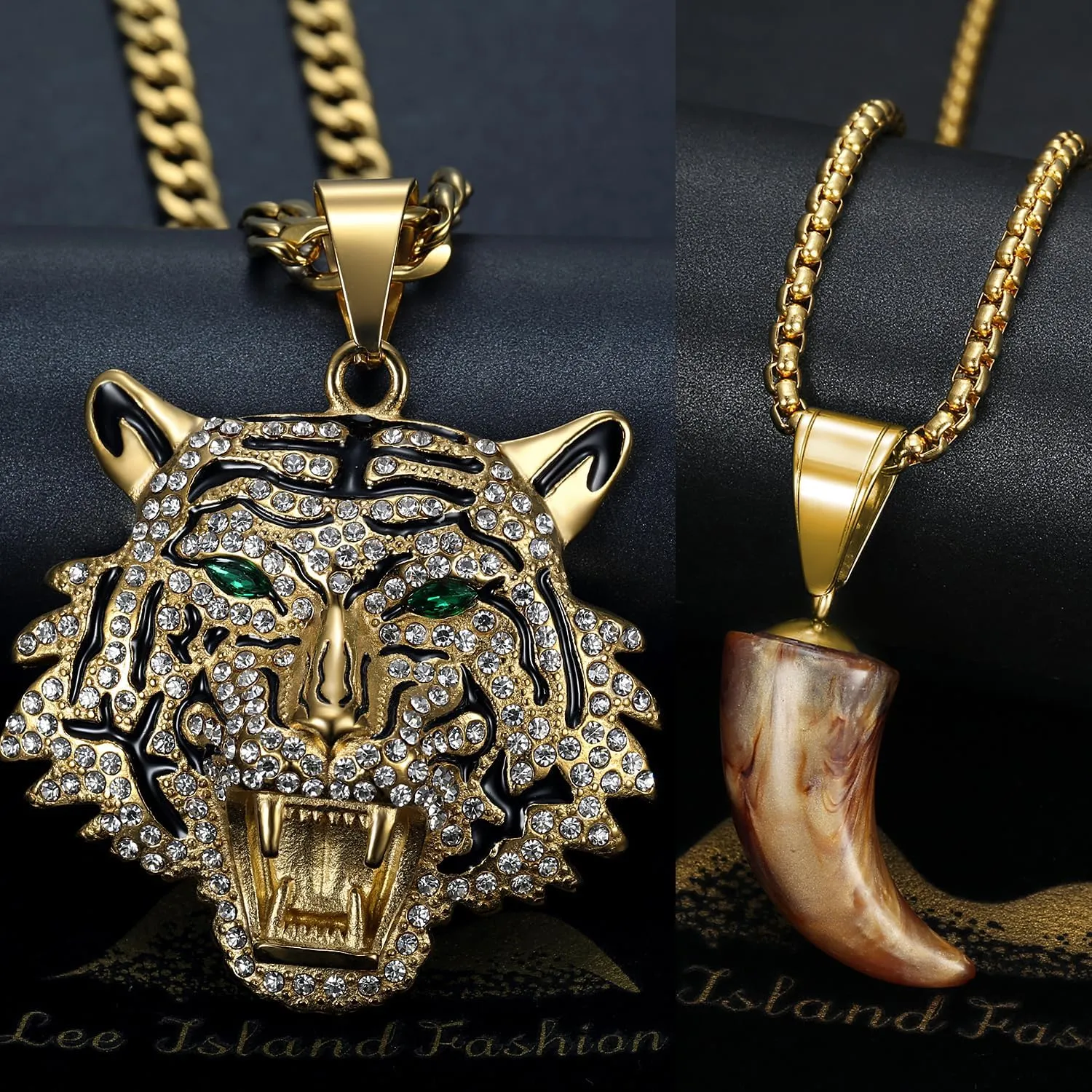 CZ Fully Roaring Tiger Head With Green Red Eyes Pendant Punk Rock Stainless Steel Necklace, 24 Inch 7mm Chain For Men Hip Hop Animal Jewelry-I'm the King