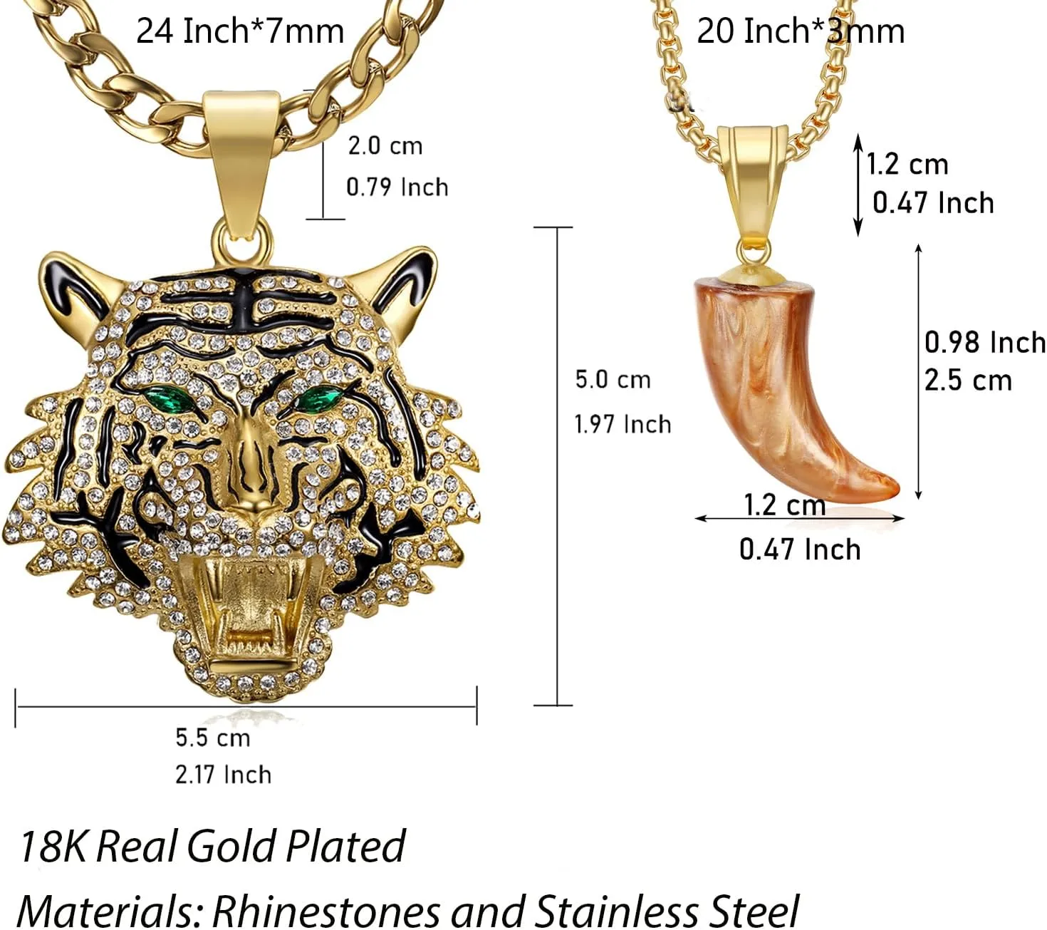 CZ Fully Roaring Tiger Head With Green Red Eyes Pendant Punk Rock Stainless Steel Necklace, 24 Inch 7mm Chain For Men Hip Hop Animal Jewelry-I'm the King