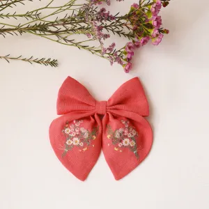 Embroidered Hair Bow with "Enchanted Bouquet" Embroidery in Coral Linen