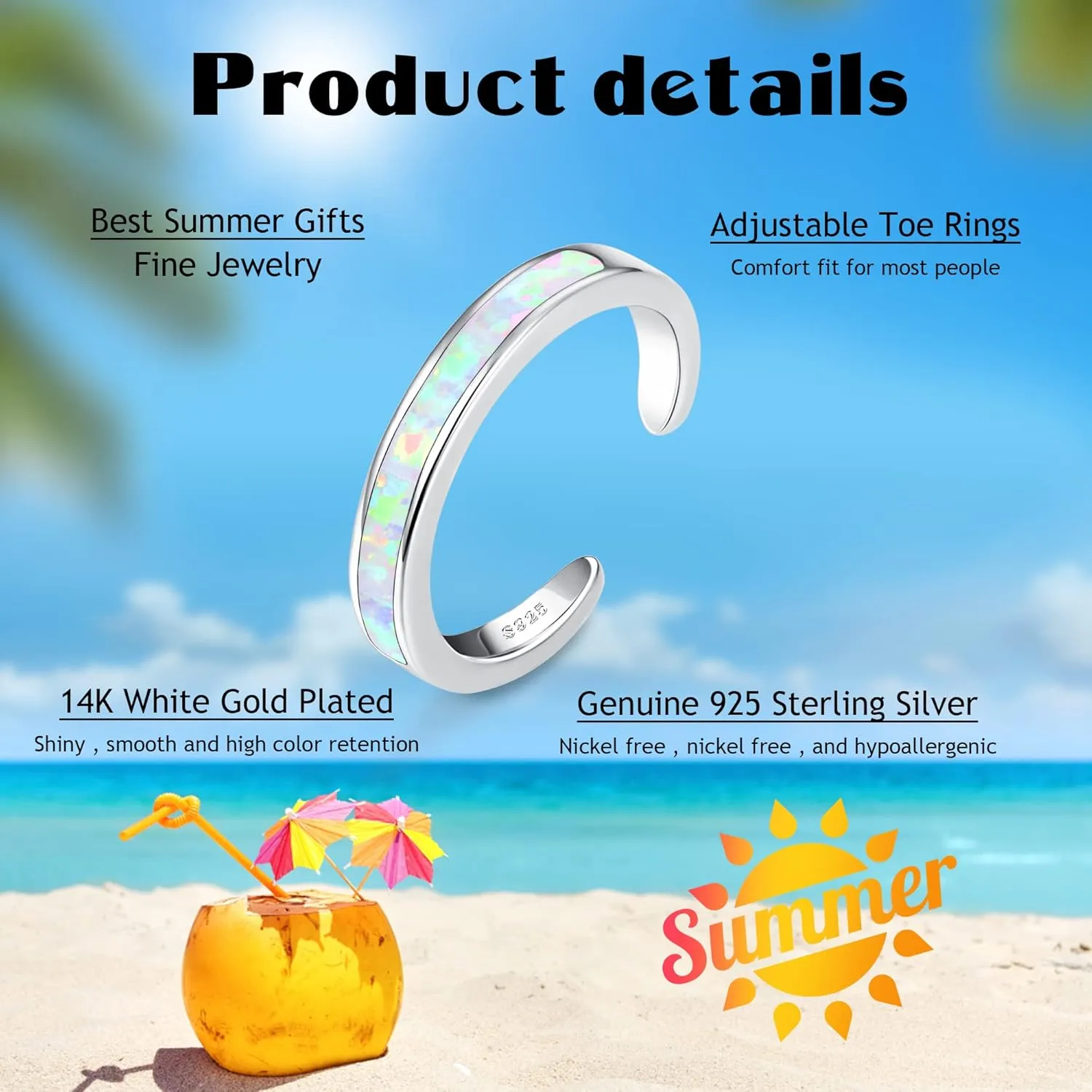 FIASASO 925 Sterling Silver Toe Rings for Women Adjustable 14K White Gold Plated Flower Cz Snake Twist Opal Band Rings Summer Beach Open Toe Rings Foot Jewelry