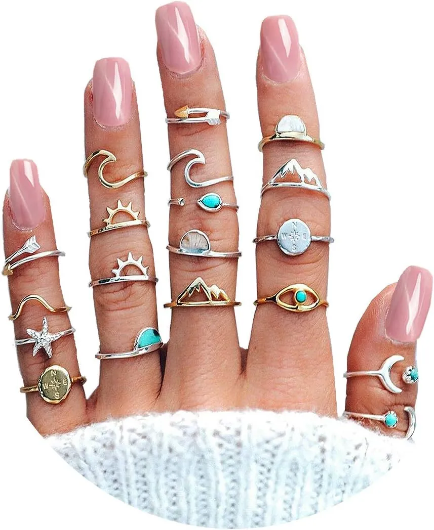 FUTIMELY 19PCS Boho Turquoise Knuckle Stacking Rings for Women Vintage Stackable Star Moon Wave Peak Sea Rhinestone Joint Midi Finger Rings Set
