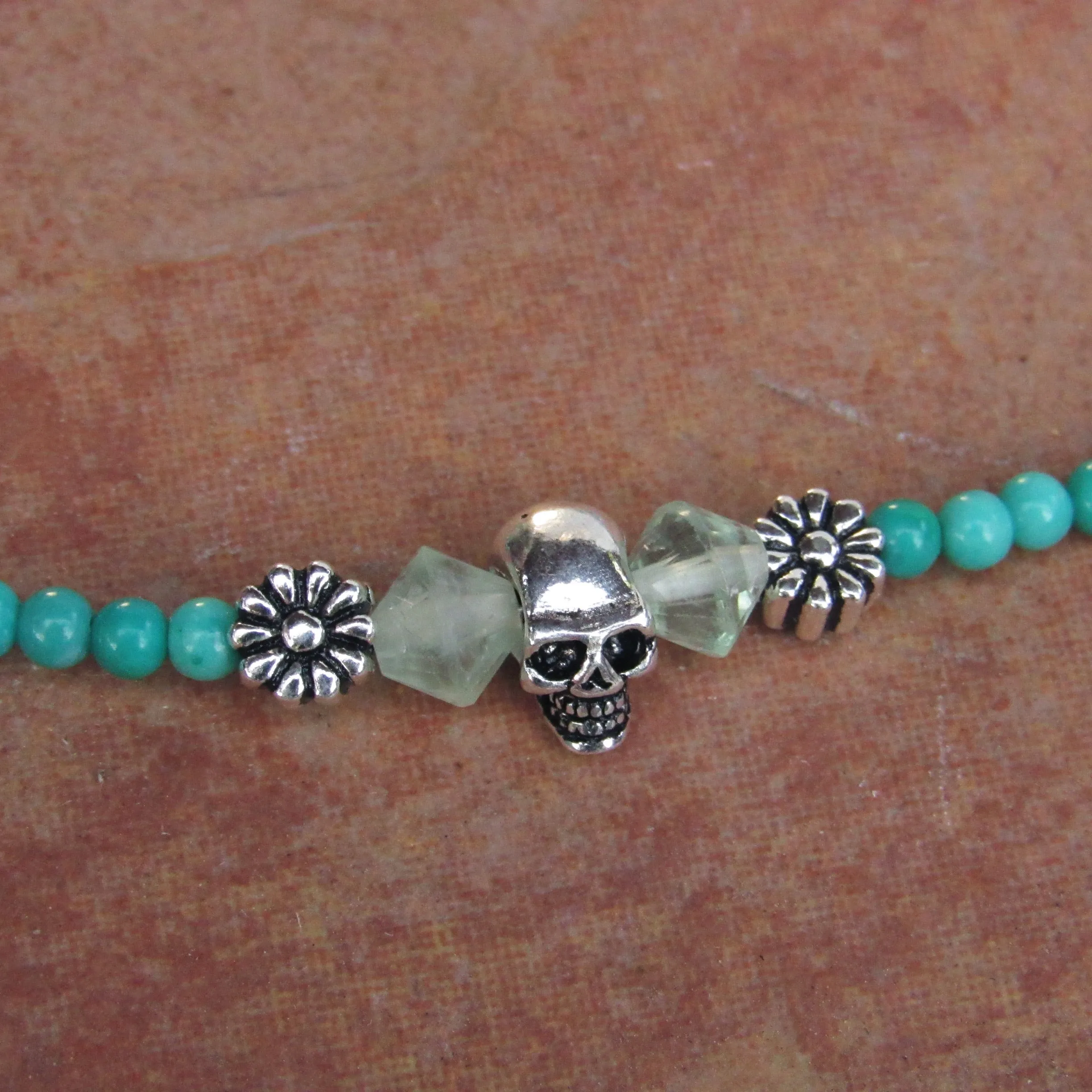Genuine Turquoise, Apatite, Sterling Silver Skull and Clasp and Chain Choker/Necklace