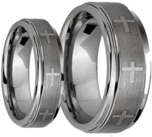 His & Her's 8MM/6MM Brushed Center With Laser Cross Engraved Shiny Edge Tungsten Carbide Wedding Band Ring Set, Sizes 5-15 Including Half Sizes,