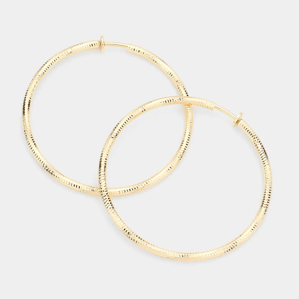 iLLASPARKZ 2.4 Inch Textured Metal Clip On Hoop Earrings