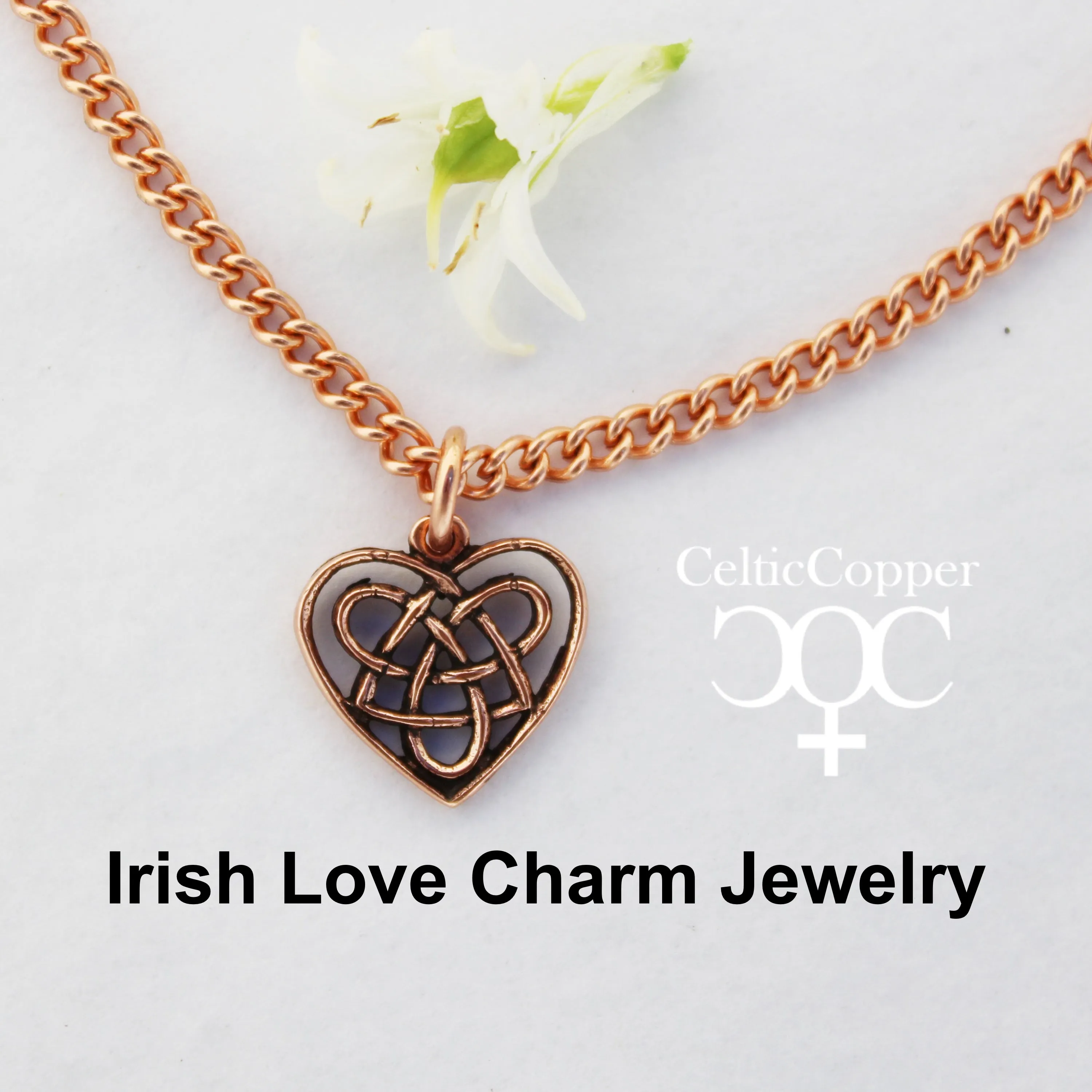 Irish Love Charm Jewelry Set Copper Necklace Chain Celtic Copper Heart Pendant Matching Earrings