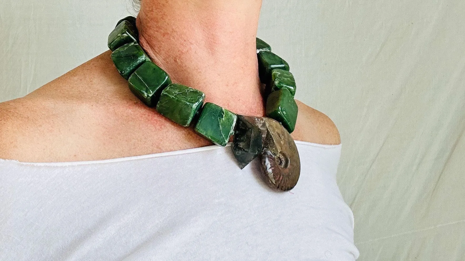 Jade, Ammonite and Garden Quartz Necklace. Medicine Necklace. 2524
