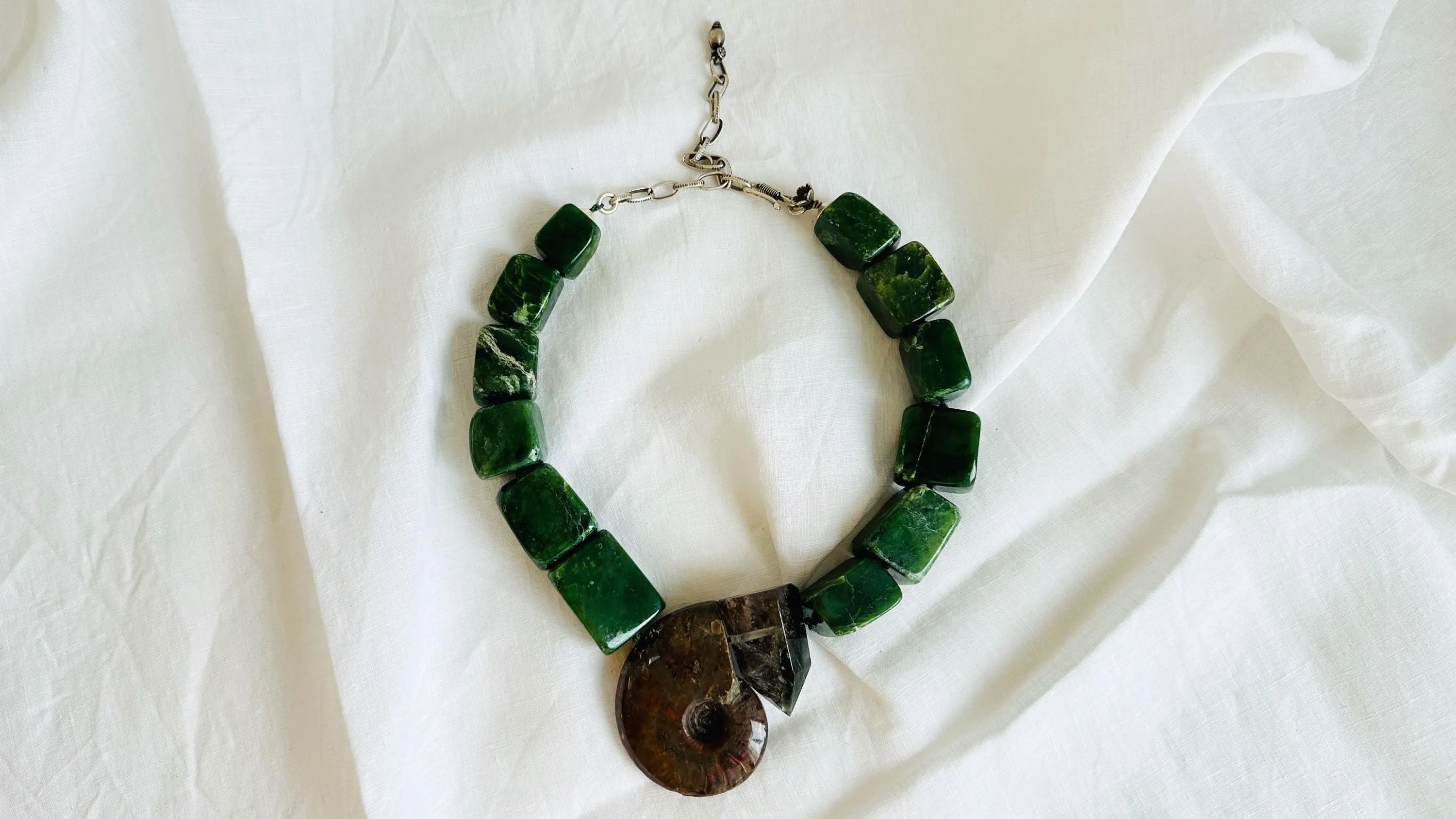 Jade, Ammonite and Garden Quartz Necklace. Medicine Necklace. 2524