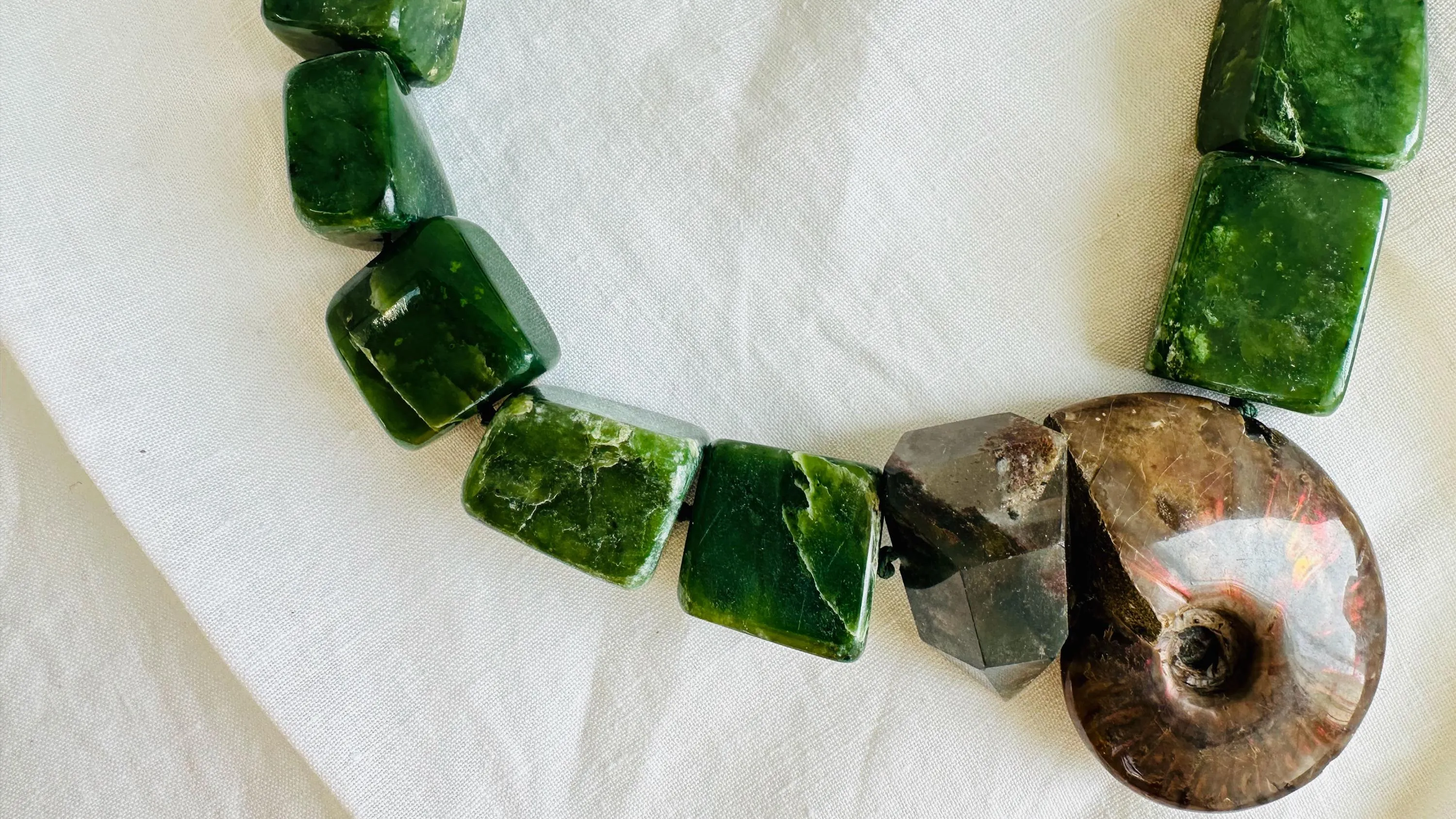 Jade, Ammonite and Garden Quartz Necklace. Medicine Necklace. 2524