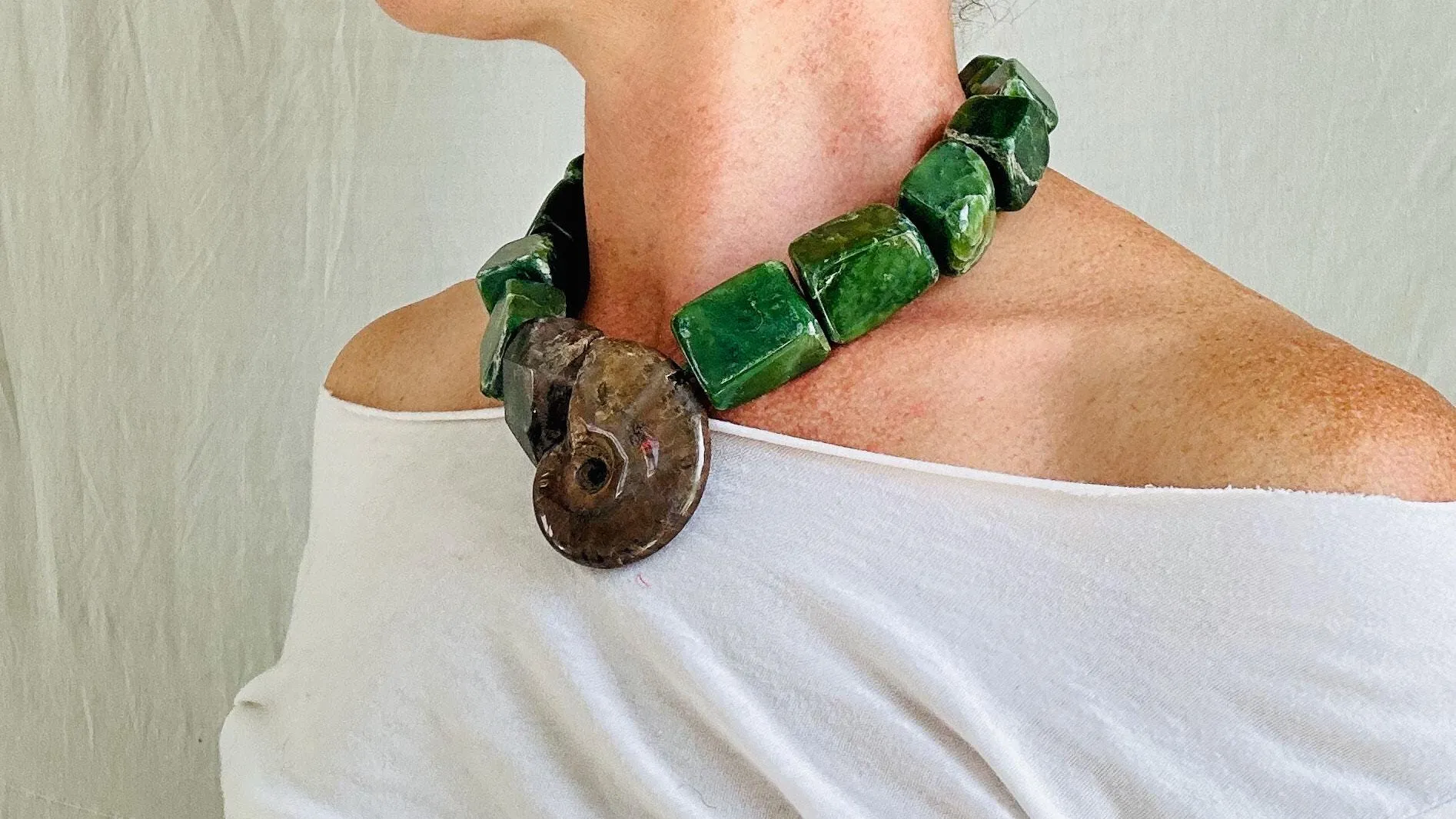 Jade, Ammonite and Garden Quartz Necklace. Medicine Necklace. 2524