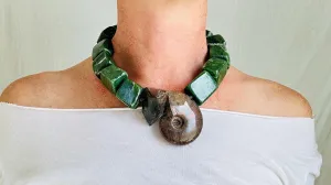 Jade, Ammonite and Garden Quartz Necklace. Medicine Necklace. 2524