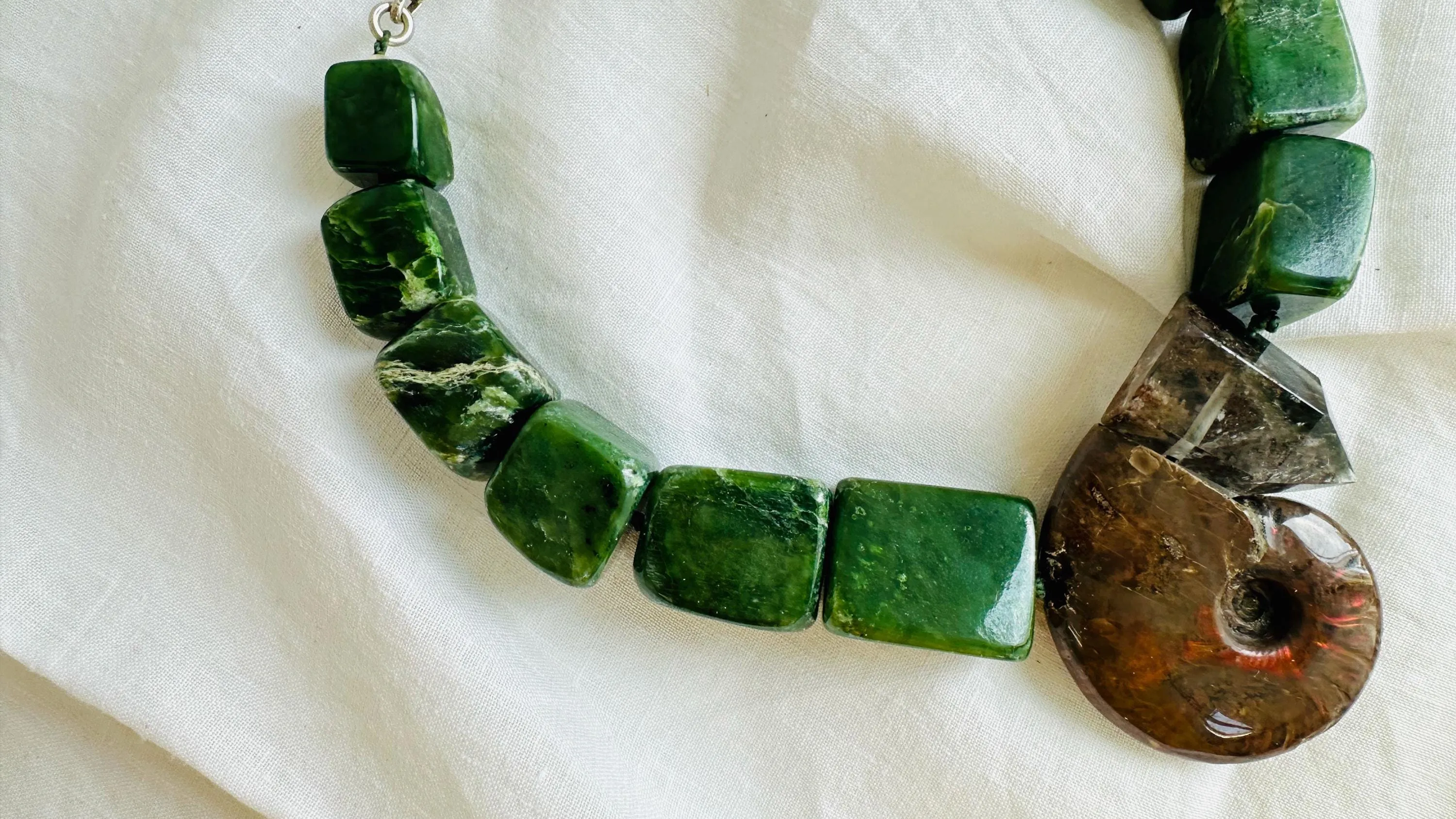 Jade, Ammonite and Garden Quartz Necklace. Medicine Necklace. 2524