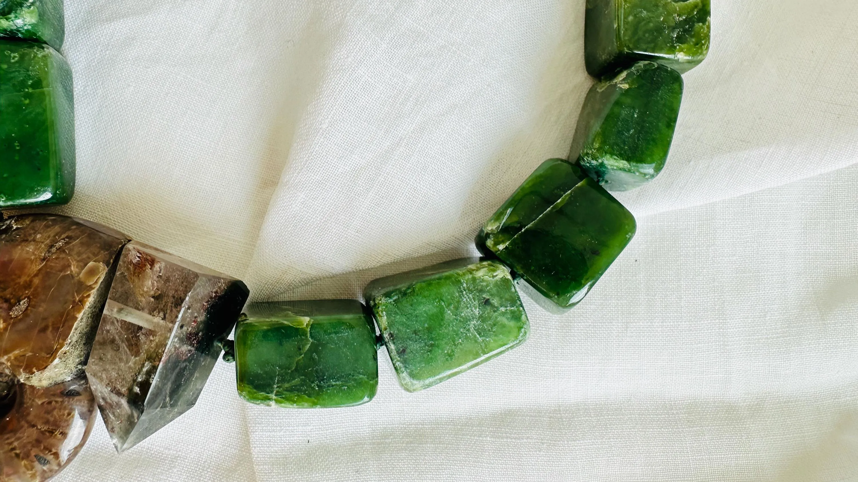 Jade, Ammonite and Garden Quartz Necklace. Medicine Necklace. 2524