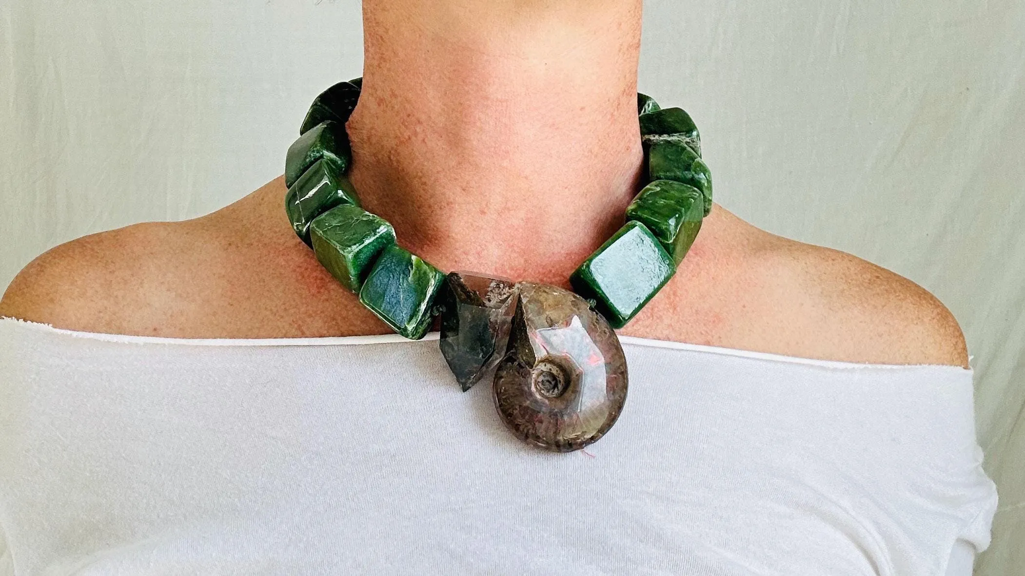 Jade, Ammonite and Garden Quartz Necklace. Medicine Necklace. 2524