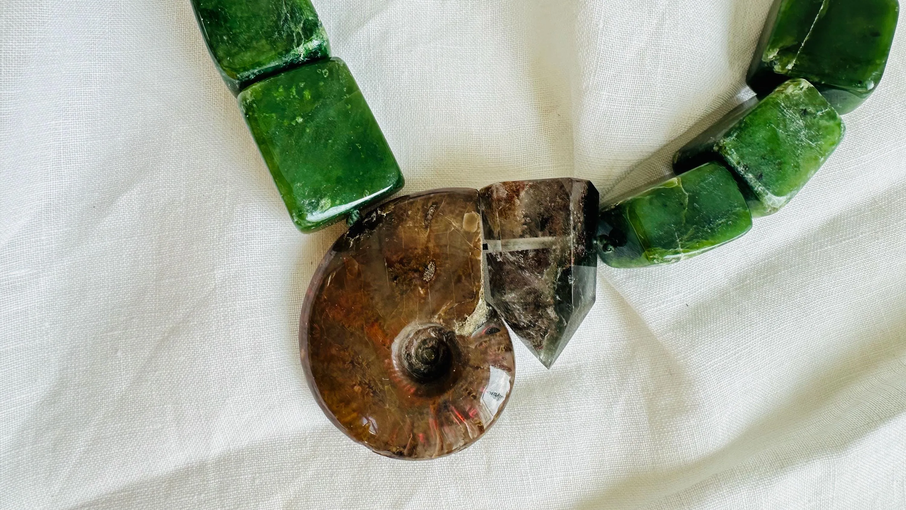 Jade, Ammonite and Garden Quartz Necklace. Medicine Necklace. 2524