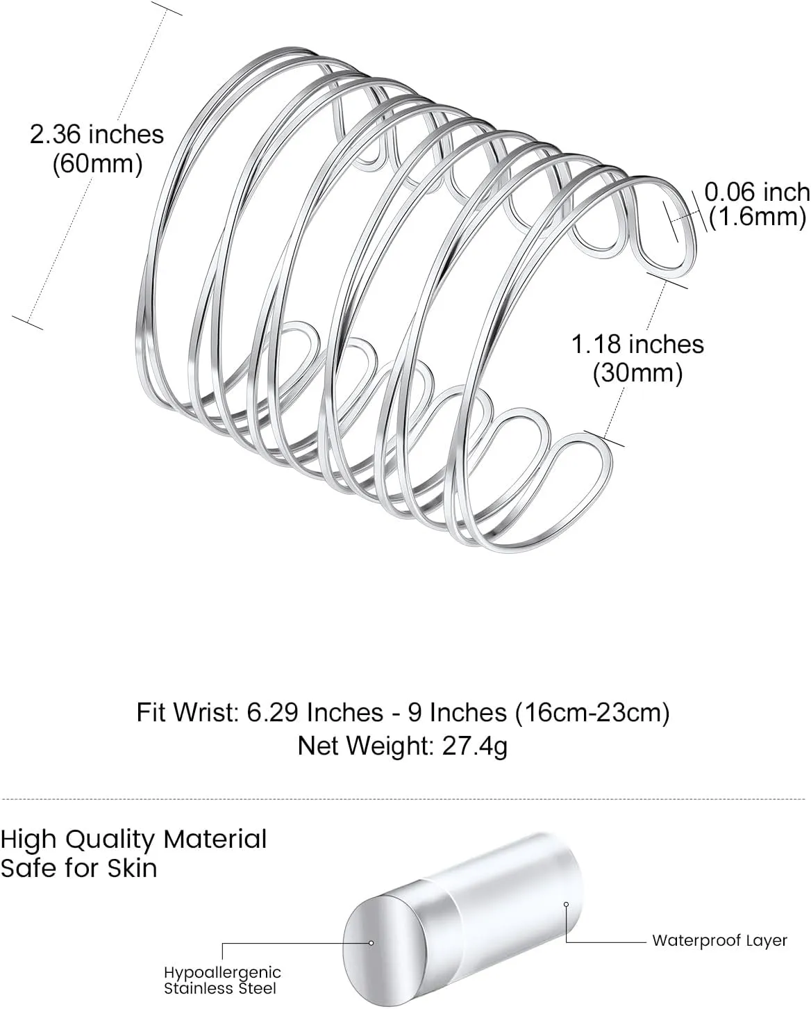KeyStyle Cuff Bracelet for Women, Multi-layer Cross Wire Bangle 14K Gold Plated Stackable Wide Bracelet for Party Prom Minimalist Jewelry with Gift Box(Stainless Steel)