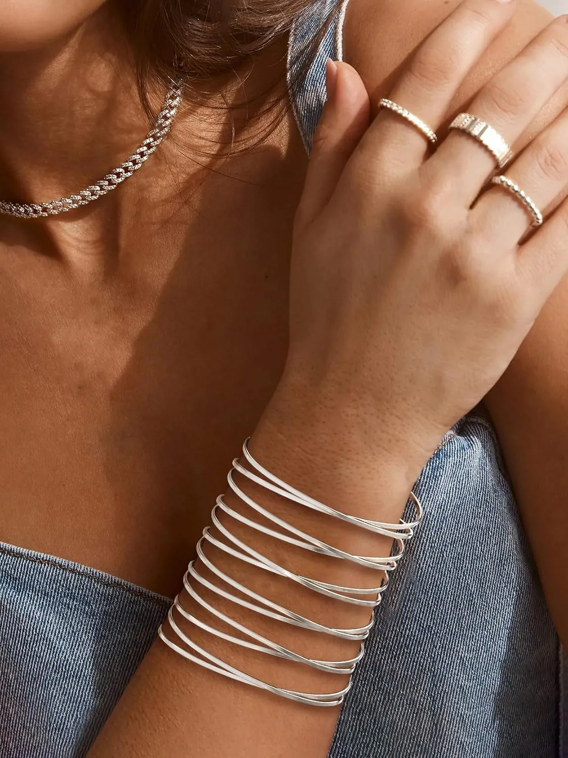 KeyStyle Cuff Bracelet for Women, Multi-layer Cross Wire Bangle 14K Gold Plated Stackable Wide Bracelet for Party Prom Minimalist Jewelry with Gift Box(Stainless Steel)