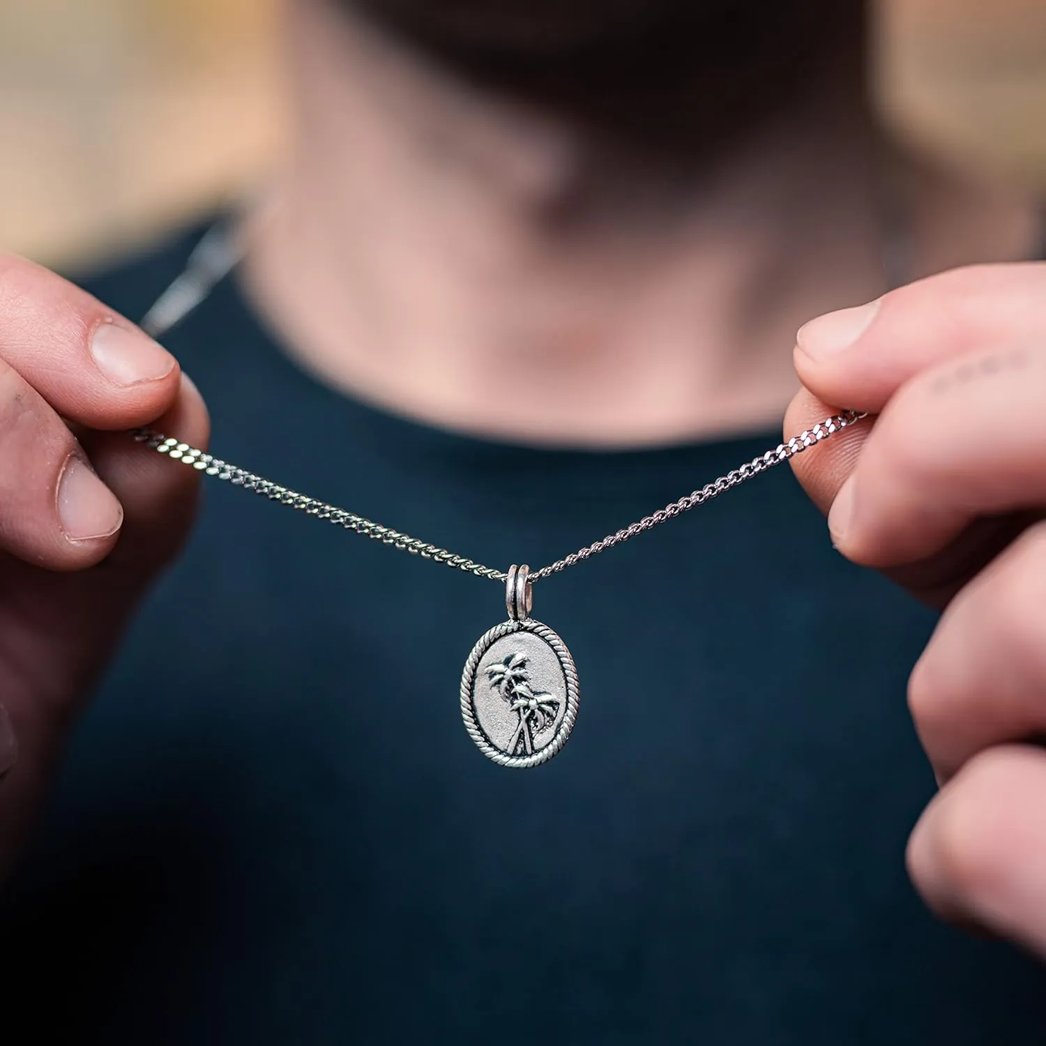 Made by Nami Mens Silver Necklace with Pendant Handmade 23" Surfer Cuban Link Chain with Stainless Steel Pendant Premium Jewelry Gift for Him