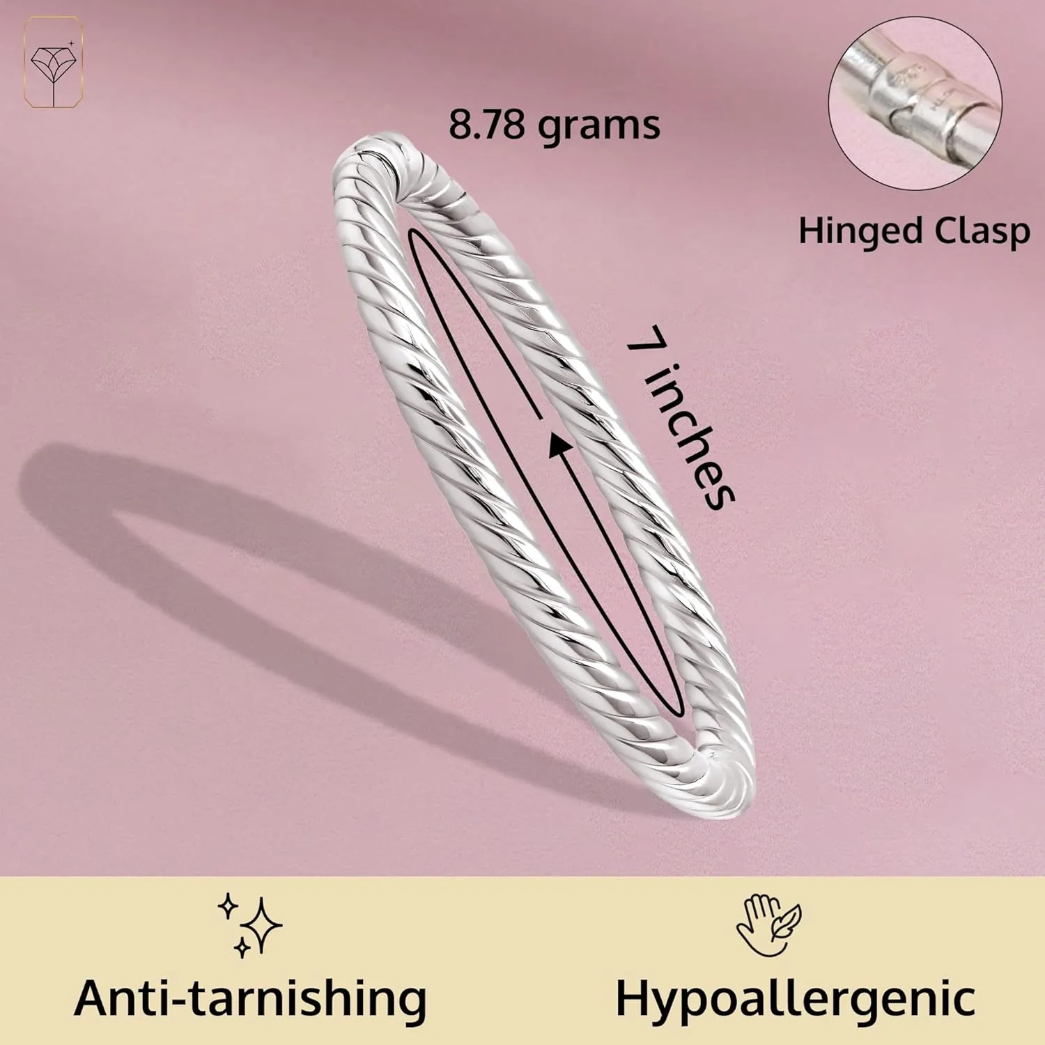 MAX   STONE Lightweight Hollow 925 Sterling Silver Bangle Bracelet for Women | 7 Inch Silver Bracelets with Hinged Clasp | Anti-tarnishing Hypoallergenic Silver Bangles for Women