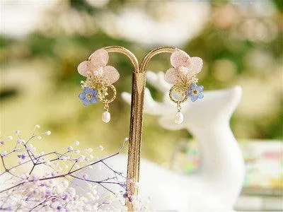 Small Flower Frame Hydrangea Forget-me-not Pearl Style Sterling Silver Earrings