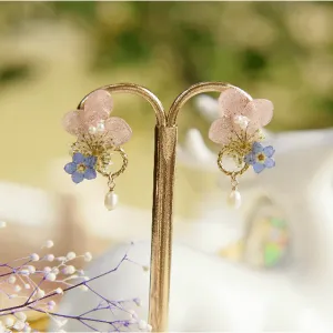 Small Flower Frame Hydrangea Forget-me-not Pearl Style Sterling Silver Earrings