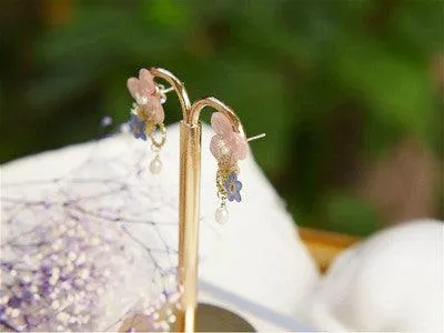 Small Flower Frame Hydrangea Forget-me-not Pearl Style Sterling Silver Earrings
