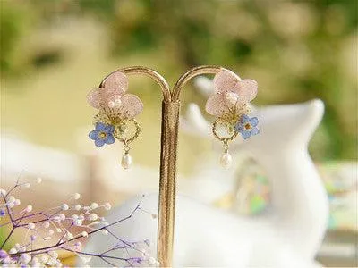 Small Flower Frame Hydrangea Forget-me-not Pearl Style Sterling Silver Earrings