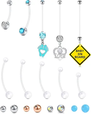 TOKRING Pregnancy Belly Button Rings Plastic Maternity Long Belly Button Rings Bar for Healing Clear Flexible Belly Piercing Retainer with Different Balls for Replacement 18mm 25mm 32mm 35mm 38mm