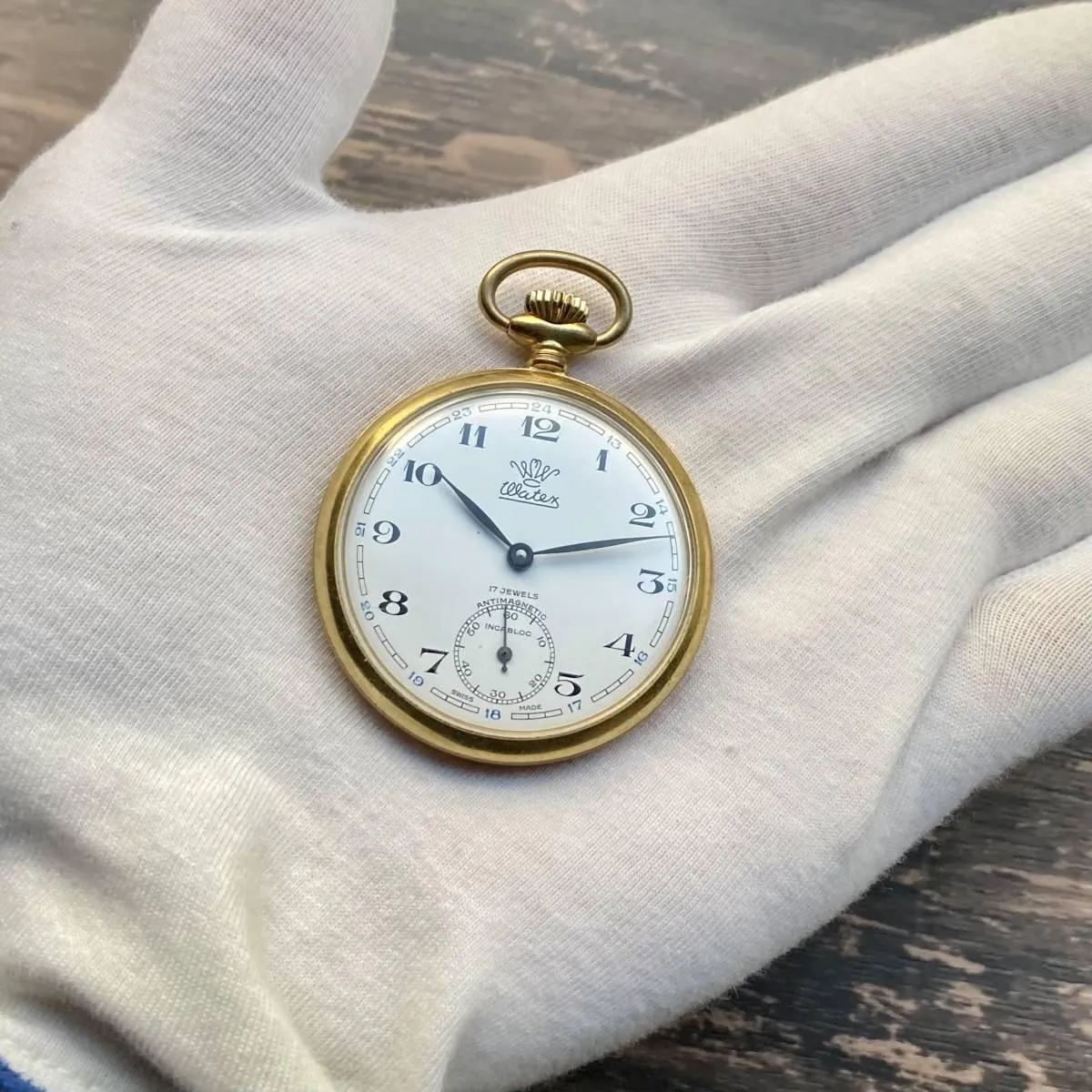 Watex Pocket Watch Antique Manual Gold Case 42mm Vintage Open Face