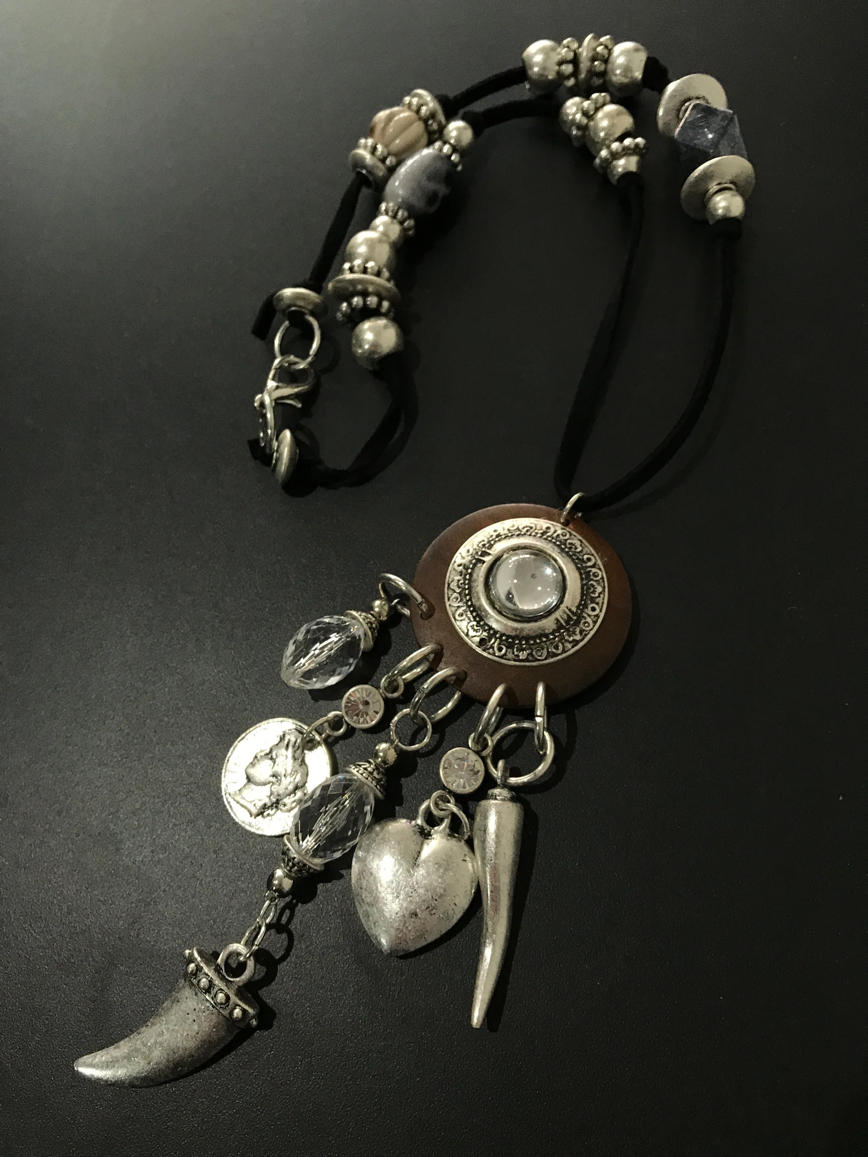 Womens Necklace Wooden Pendant with Charms