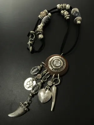 Womens Necklace Wooden Pendant with Charms